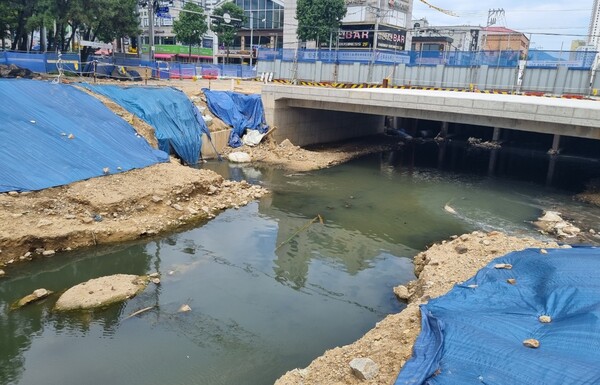 ▲각종 쓰레기가 버려져 있고 녹조현상까지 보이는 굴포천[사진=임화영 시민기자]