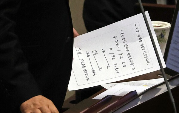 ▲ 우원식 국회의장이 27일 오후 국회 본회의에서 한덕수 국무총리 탄핵소추안에 대한 가결을 선포하기 위해  손에 들고 있는 투표 결과지에도 '국무총리 한덕수 탄핵소추안'이라고 적혀있다