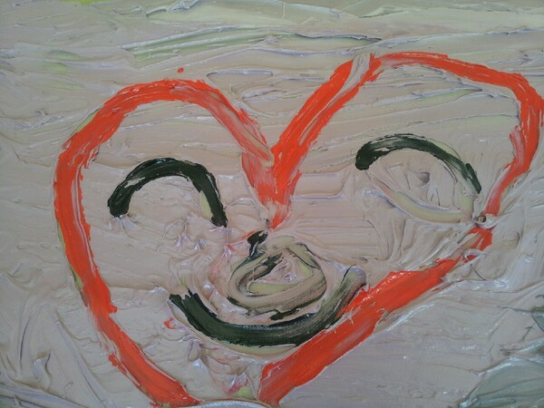 ▲틱장애 아동의 핑거페인팅(행복). 도배풀을 활용한 핑거페인팅 그림에서 ‘활짝 웃고 있는 행복한 우리 가족’ 을 표현했다. 필자 제공