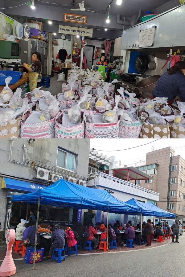 ▲(위) ‘참아름다운동행’ 봉사자들이 도시락 봉사를 준비하는 모습 / (아래) 매주 일요일 지역 주민들을 대상으로 국수를 대접하는 모습