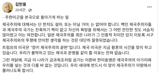 ▲김민웅 촛불행동 대표의 27일 페이스북 글